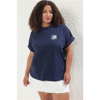 Lacivert Oversize Fit %100 Pamuk Ön ve Arka Baskılı Örme Büyük Beden T-Shirt TBBSS25BF00002