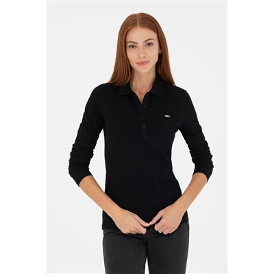Kadın Siyah Basic Polo Yaka Sweatshirt