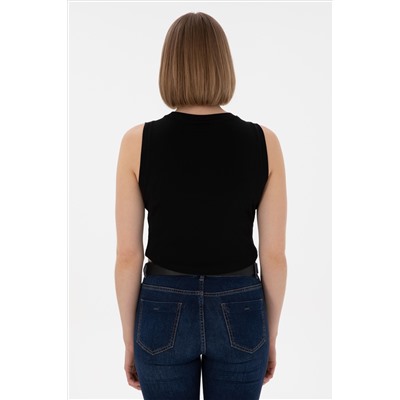Kadın Siyah Kolsuz Bisiklet Yaka Crop Basic Tişört