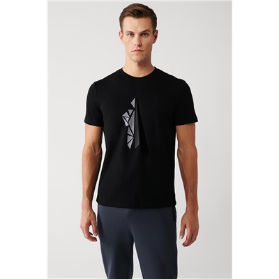 Siyah Bisiklet Yaka Kısa Kollu Flok Baskılı Regular Fit Standart Kesim T-Shirt