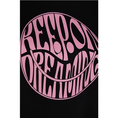 Siyah Regular Slogan Baskılı Crop Boy %100 Pamuk Örme Büyük Beden T-shirt TBBSS23BF00069