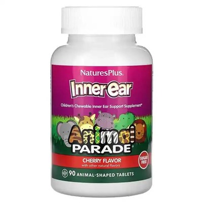Inner Ear, пищевая добавка, NaturesPlus, Animal Parade, поддержка здоровья внутреннего уха, вкус вишни, 90 жевательных таблеток