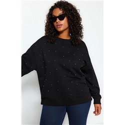 Trendyol Curve Siyah Kalın Zımba Detaylı Örme Sweatshirt TBBAW24SW00000