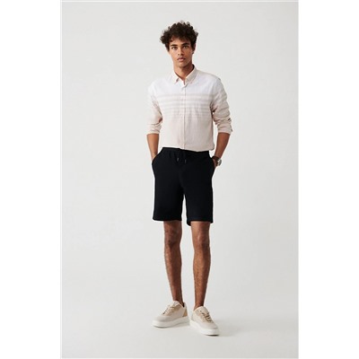 Avva Erkek Siyah %100 Pamuk Yandan Cepli Beli Lastikli Keten Dokulu Relaxed Fit Rahat Kesim Şort E003603