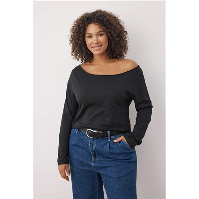 Siyah-Beyaz 2'li Paket %100 Pamuk Asimetrik Kayık Yaka Crop Örme T-Shirt TBBAW26BF00001