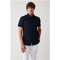 Avva Erkek Lacivert Kolay Ütülenebilir Klasik Yaka Örme Likralı Pamuklu Slim Fit Dar Kesim Kısa Kollu Göm E002051