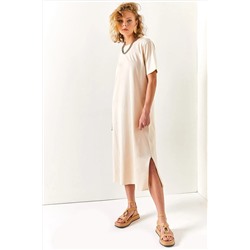 Olalook, Kadın Taş Yanı Yırtmaçlı Oversize Pamuk Elbise ELB-19001880