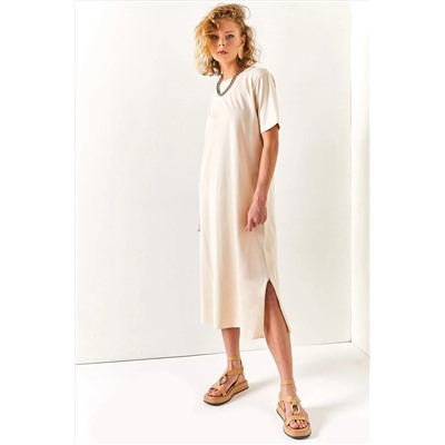Olalook, Kadın Taş Yanı Yırtmaçlı Oversize Pamuk Elbise ELB-19001880