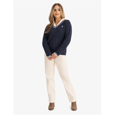 TIPPED CABLE V-NECK SWEATER