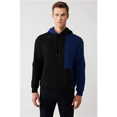 Avva Erkek Siyah Kapüşonlu Yaka Omzu Nakışlı Kanguru Cepli Şardonlu 3 Iplik Comfort Fit Rahat Kesim Sweat A32Y1379