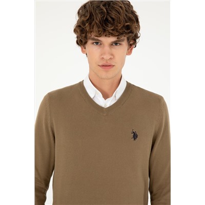 Erkek Slim Fit V Yaka Haki Basic Kazak