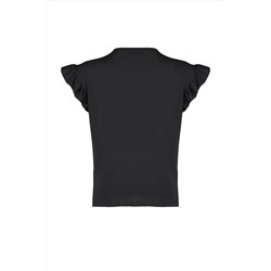 Siyah Bisiklet Yaka Kolları Fırfırlı %100 Pamuk Örme T-Shirt TBBSS23BF00006