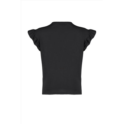 Siyah Bisiklet Yaka Kolları Fırfırlı %100 Pamuk Örme T-Shirt TBBSS23BF00006