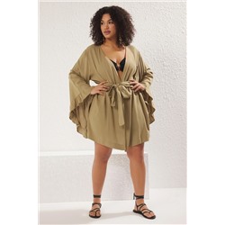 Haki Kolu Fırfırlı Volanlı Viskon Plaj Giyim Dokuma Büyük Beden Kimono&Kaftan TBBSS23DE00001