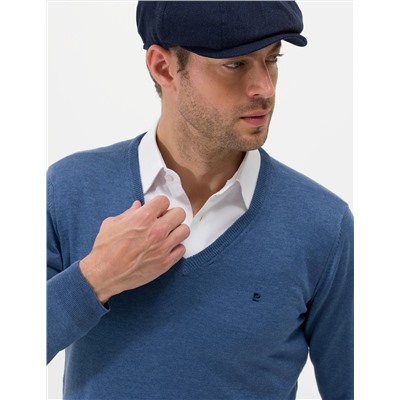 İndigo Melanj Slim Fit V Yaka Basic Triko Kazak