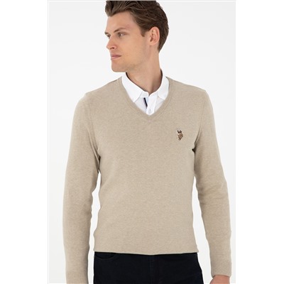 Erkek Slim Fit V Yaka Haki Melanj Basic Kazak
