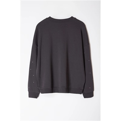 Antrasit Kalın Taşlı Detaylı Örme Sweatshirt Büyük Beden Sweatshirt TBBAW24SW00000