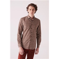 Avva Erkek Kahverengi Soyut Desenli %100 Pamuk Slim Fit Dar Kesim Gömlek A22y2003 A22Y2003