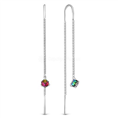 Серьги-продёвки из серебра с кристаллами Swarovski зелёный мистик родированные 925 пробы 0060с-001VM