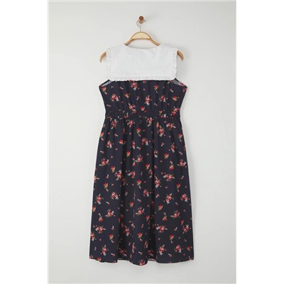 Çok Renkli Çiçekli Poplin %100 Pamuk Bebe Yaka Midi Dokuma Büyük Beden Elbise TBBSS25AH00158