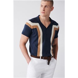 Avva Erkek Lacivert Küba Yaka Renk Bloklu Düğmeli Standart Fit Normal Kesim Triko T-shirt A31y5136 A31Y5136