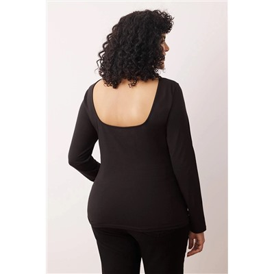 Siyah Pamuklu Esnek Sırt Dekolteli Fitted/Vücuda Oturan Esnek Örme Büyük Beden Bluz TBBAW26AF00026