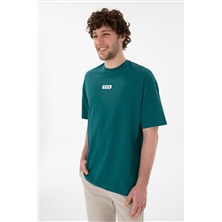 Erkek Oversize Fit Bisiklet Yaka Koyu Yeşil Tişört