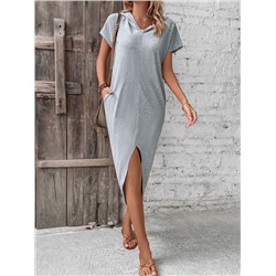 HEIN LUNE Solid Split Thigh Hooded Tee Dress