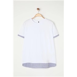 Beyaz Yaka ve Etek Ucunda Çizgili Poplin Detaylı Örme Büyük Beden T-shirt TBBSS25BF00003