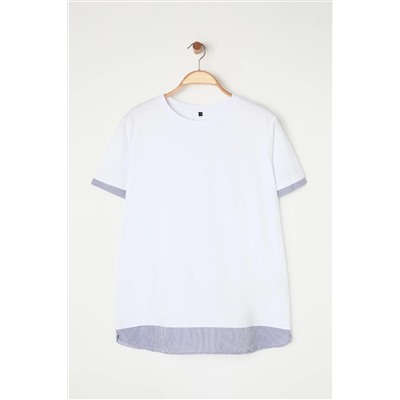 Beyaz Yaka ve Etek Ucunda Çizgili Poplin Detaylı Örme Büyük Beden T-shirt TBBSS25BF00003