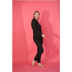 FAMES PİJAMA Siyah Likralı Kadife Uzun Kollu Kışlık Kadın Pijama Takımı fs257