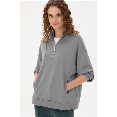 Kadın Gri Melanj Fermuarlı Sweatshirt