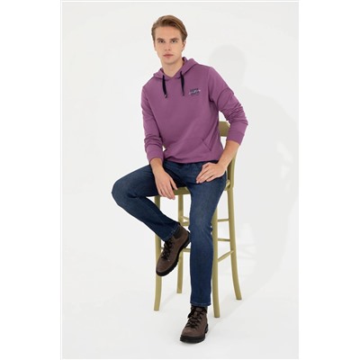 Erkek Menekşe Kapüşonlu Basic Sweatshirt