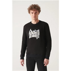 Avva Erkek Siyah Bisiklet Yaka 3 Iplik Içi Polarlı Hologram Baskılı Standart Fit Normal Kesim Sweatshirt A22Y1243