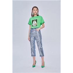 Vaquero mom 7/8 con lentejuelas Azul