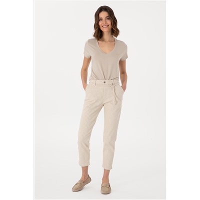 Kadın Ekru Çizgili Keten Karışımlı Carrot Fit Jean Pantolon