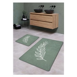Pilloveland Kaymaz Taban Yıkanabilir 2’li Banyo Paspası - Mint Pastel Yaprak Desenli 60*100 cm - 50*60 cm BM0046