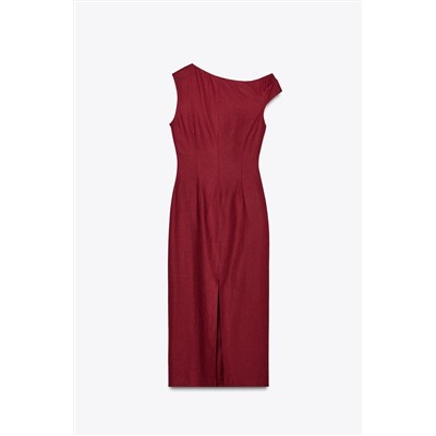 LINEN BLEND DRAPED MIDI DRESS