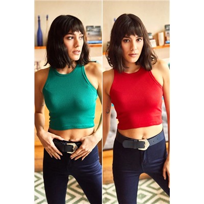 Olalook, Kadın Yeşil Kırmızı Rambo 2'li Likralı Örme Crop  Bluz BLZ-19001797