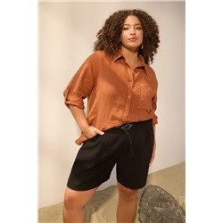 Siyah %100 Keten Dokuma Şort & Bermuda TBBSS25AP00038