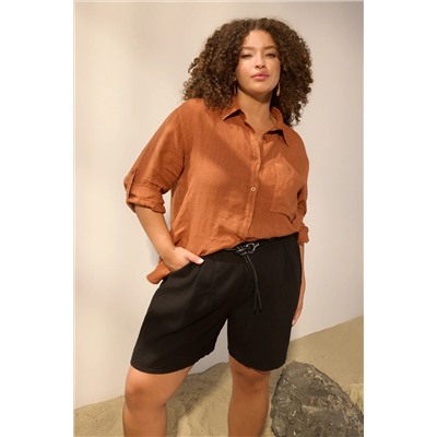 Siyah %100 Keten Dokuma Şort & Bermuda TBBSS25AP00038