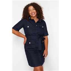Koyu Mavi Kuşak Detaylı Mini Denim Gömlek Elbise TBBSS24AH00124