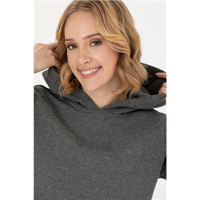 Kadın Antrasit Melanj Kapüşonlu Basic Sweatshirt