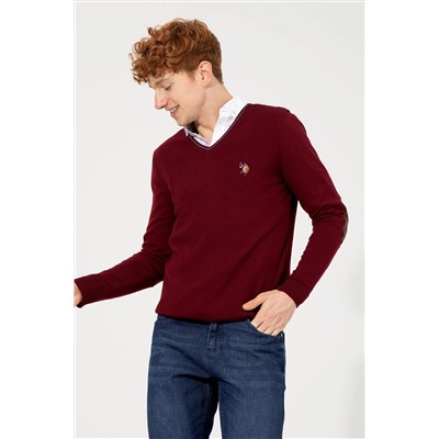 Erkek Bordo V - Yaka Basic Triko Kazak