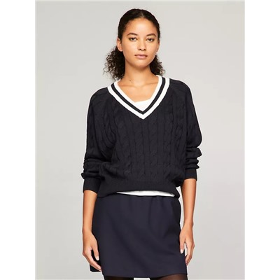 Cable Knit Varsity V-Neck Sweater