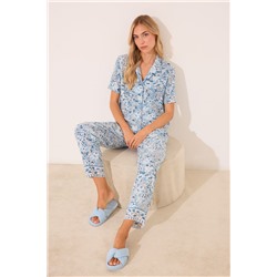 Pijama camisero largo viscosa flores azul