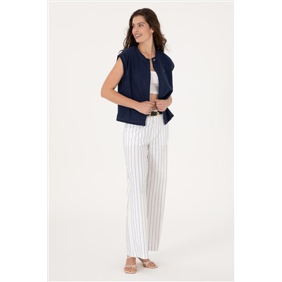 Kadın Beyaz Çizgili Loose Fit Kanvas Pantolon