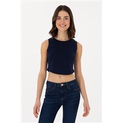 Kadın Lacivert Kolsuz Bisiklet Yaka Crop Basic Tişört