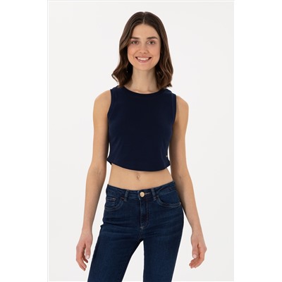 Kadın Lacivert Kolsuz Bisiklet Yaka Crop Basic Tişört