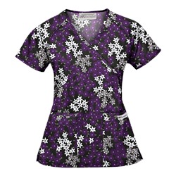 UA Vibrant Blossoms Black Mock Wrap Scrub Top